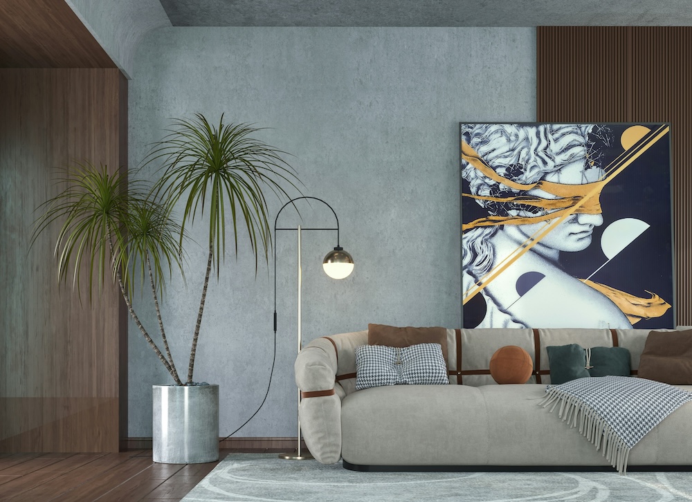 Lounge room with beige sofa, cement and wood walls - design accents that we look for for our clients at Premier Home Finders