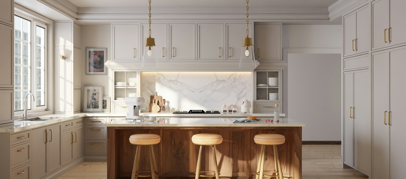 Kitchen shaker-style cabinetry in light grey with marble-type tiles and a benchtop. Wooden kitchen island bench